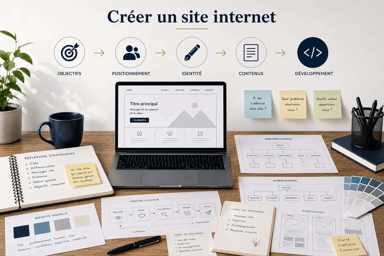 Créer un site internet ne se résume pas à son développement. Découvrez les étapes essentielles à définir en amont : objectifs, positionnement, identité, contenus et stratégie digitale