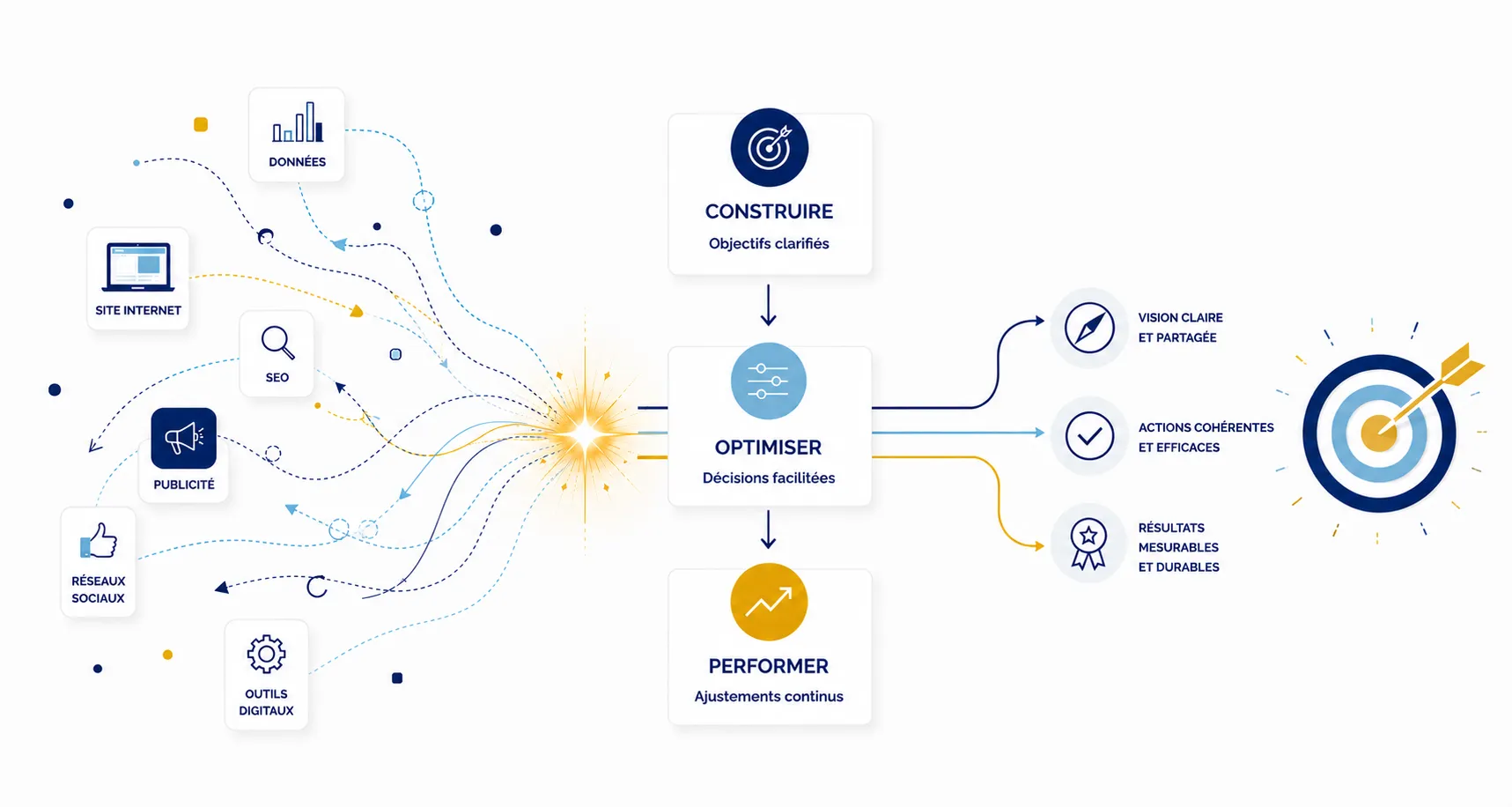 Méthode Étincelle Digitale pour transformer la complexité du digital en stratégie rentable : construire, optimiser et performer.