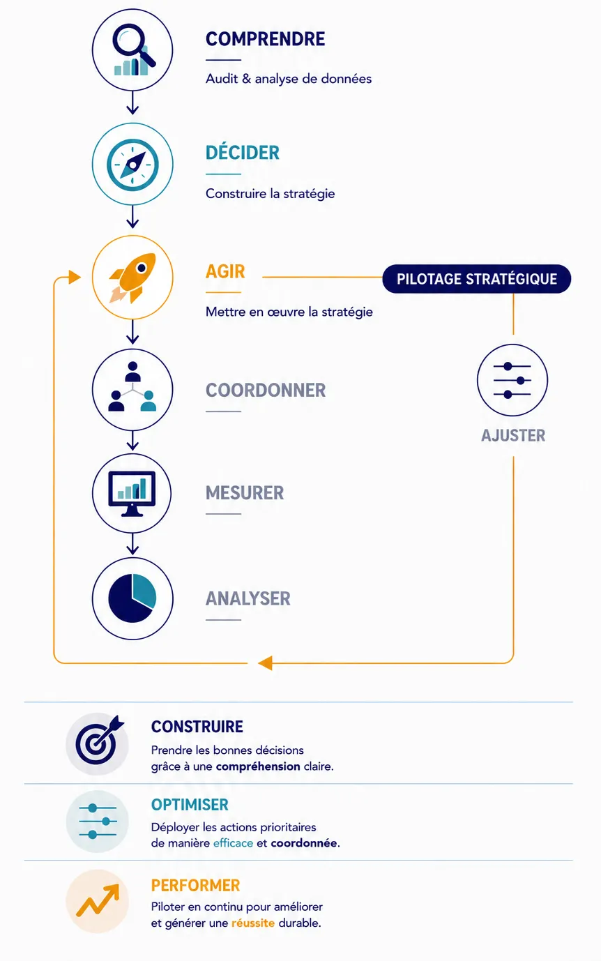 Conseil en stratégie digitale. Schéma Approche stratégique Étincelle Digitale : transformez les actions digitales en stratégie digitale rentable - mobile
